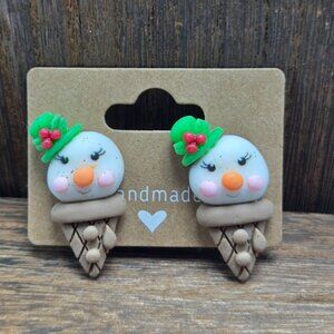 NWT Ice Cream Cone Snowman Earrings Pierced Holiday Christmas Stud Jewelry Light